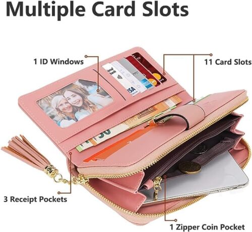 RFID Wallets for Women with Multiple Card Slots and Cellphone Compartment, Womens Wallet (pink/white/grey) - Image 3