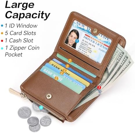 GOIACII Small Wallet Women Credit Card Holder Compact Ladies Purse Bifold Zip Pocket Wallet with ID Window Luxury Leather Brown - Image 3