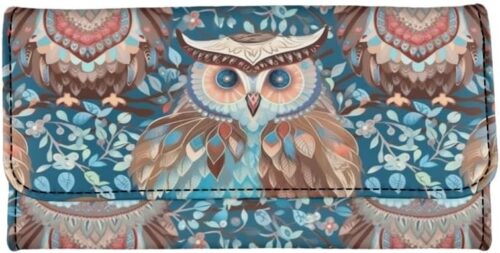 Boho Owl Womens Trifold Wallets Large Capacity Wallet Forest Blue Owl PU Luxury Leather Pocket Wallet Tribal Bird Totem Ladies Long Slim Card Holder Purse - Image 3