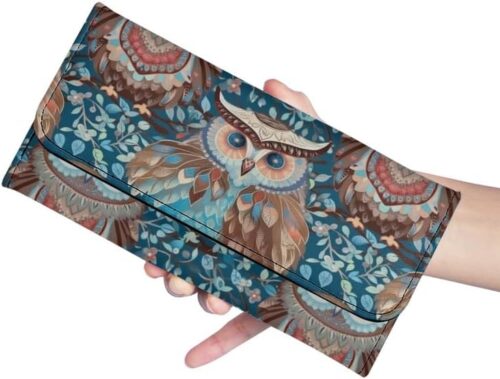 Boho Owl Womens Trifold Wallets Large Capacity Wallet Forest Blue Owl PU Luxury Leather Pocket Wallet Tribal Bird Totem Ladies Long Slim Card Holder Purse - Image 6