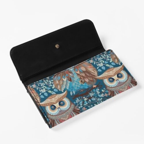 Boho Owl Womens Trifold Wallets Large Capacity Wallet Forest Blue Owl PU Luxury Leather Pocket Wallet Tribal Bird Totem Ladies Long Slim Card Holder Purse - Image 5