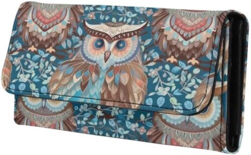 Boho Owl Womens Trifold Wallets Large Capacity Wallet Forest Blue Owl PU Luxury Leather Pocket Wallet Tribal Bird Totem Ladies Long Slim Card Holder Purse - Image 2