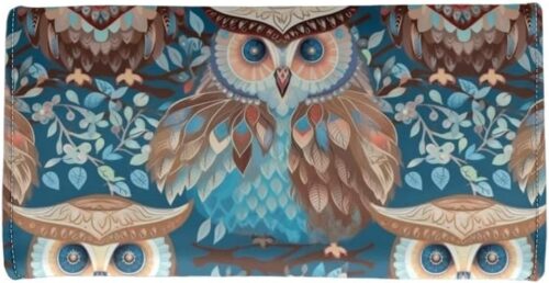 Boho Owl Womens Trifold Wallets Large Capacity Wallet Forest Blue Owl PU Luxury Leather Pocket Wallet Tribal Bird Totem Ladies Long Slim Card Holder Purse - Image 4