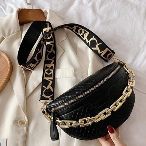Thick Chain Women's Fanny Pack Plaid leather Waist Bag Shoulder Crossbody Chest Bags Luxury Designer Handbags Female Belt Bag (Black) - Image 5