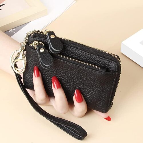Women Genuine Real Leather Coin Purse with Hand Strap. 3 Zipper Small Wallet Wristlet with 3 credit cards slots Holder - Black - Image 3
